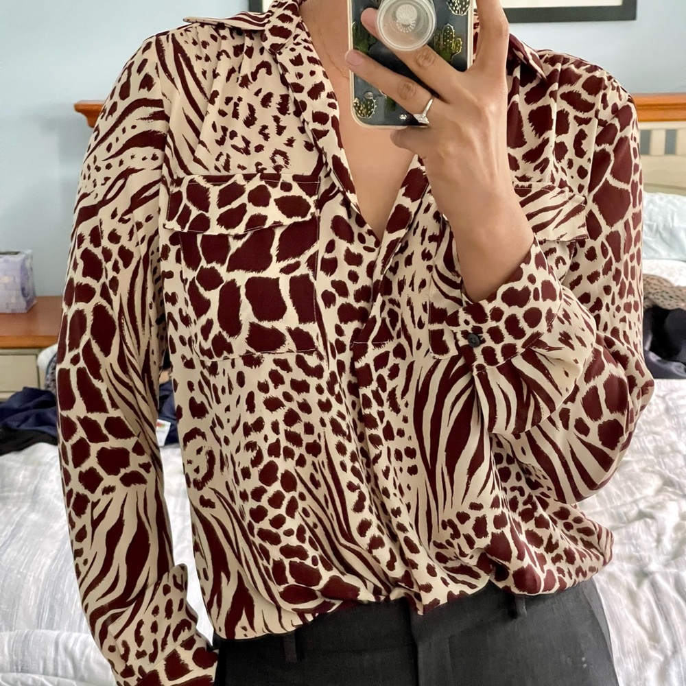 Ann Taylor Animal Print Blouse - Brown and Cream